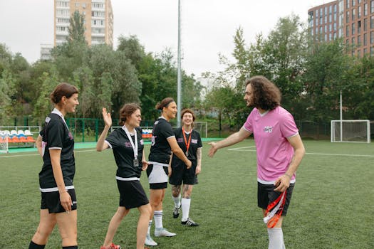 soccer players discussing strategy